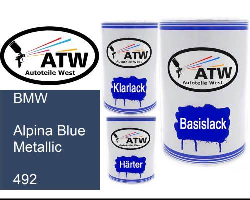 BMW, Alpina Blue Metallic, 492: 500ml Lackdose + 500ml Klarlack + 250ml Härter - Set, von ATW Autoteile West.